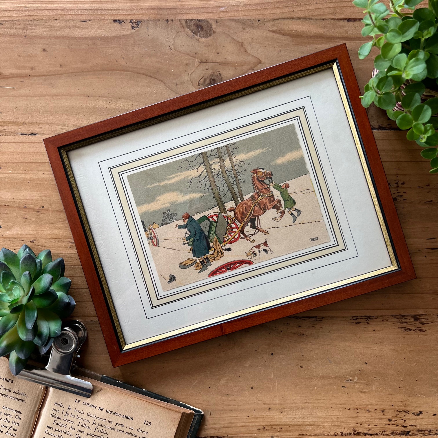 Lithographie Etienne Le Rallic « Charrette anglaise sous la neige »