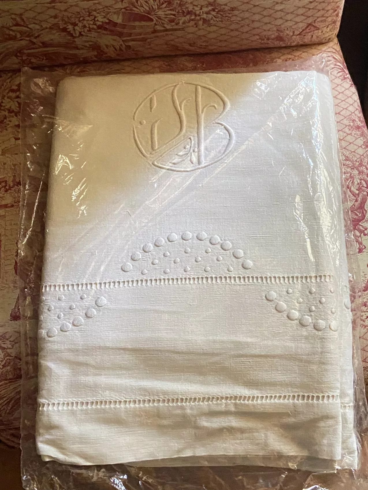 Grand drap ancien en lin ivoire – Monogramme JB – Drap deux places – Parfait état – Image 2