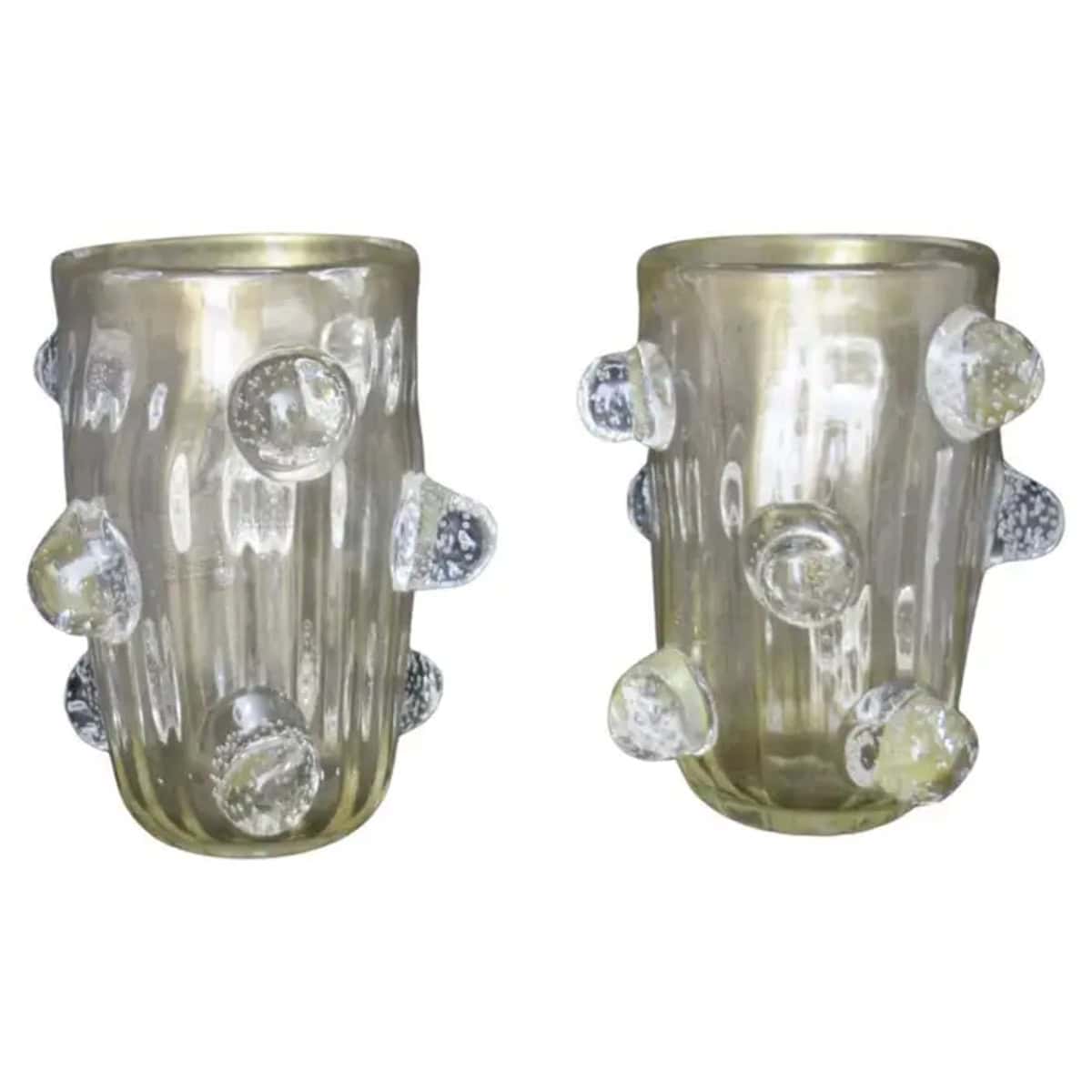 Paire de grands vases en verre de Murano doré décorés de boules bullées par Costantini