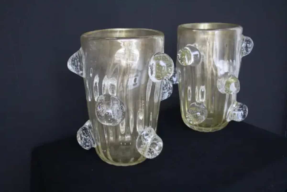 Paire de grands vases en verre de Murano doré décorés de boules bullées par Costantini – Image 3