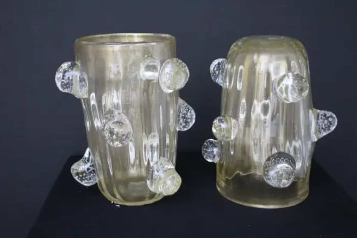 Paire de grands vases en verre de Murano doré décorés de boules bullées par Costantini – Image 9