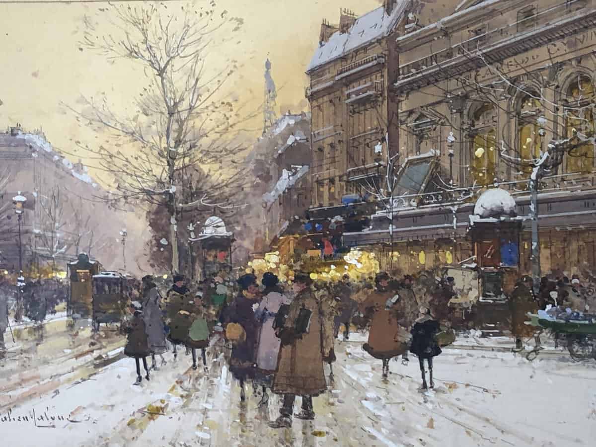 Galien Laloue Tableau 20è Paris Animation Théâtre Du Gymnase Grands Boulevards Gouache Signée – Image 7