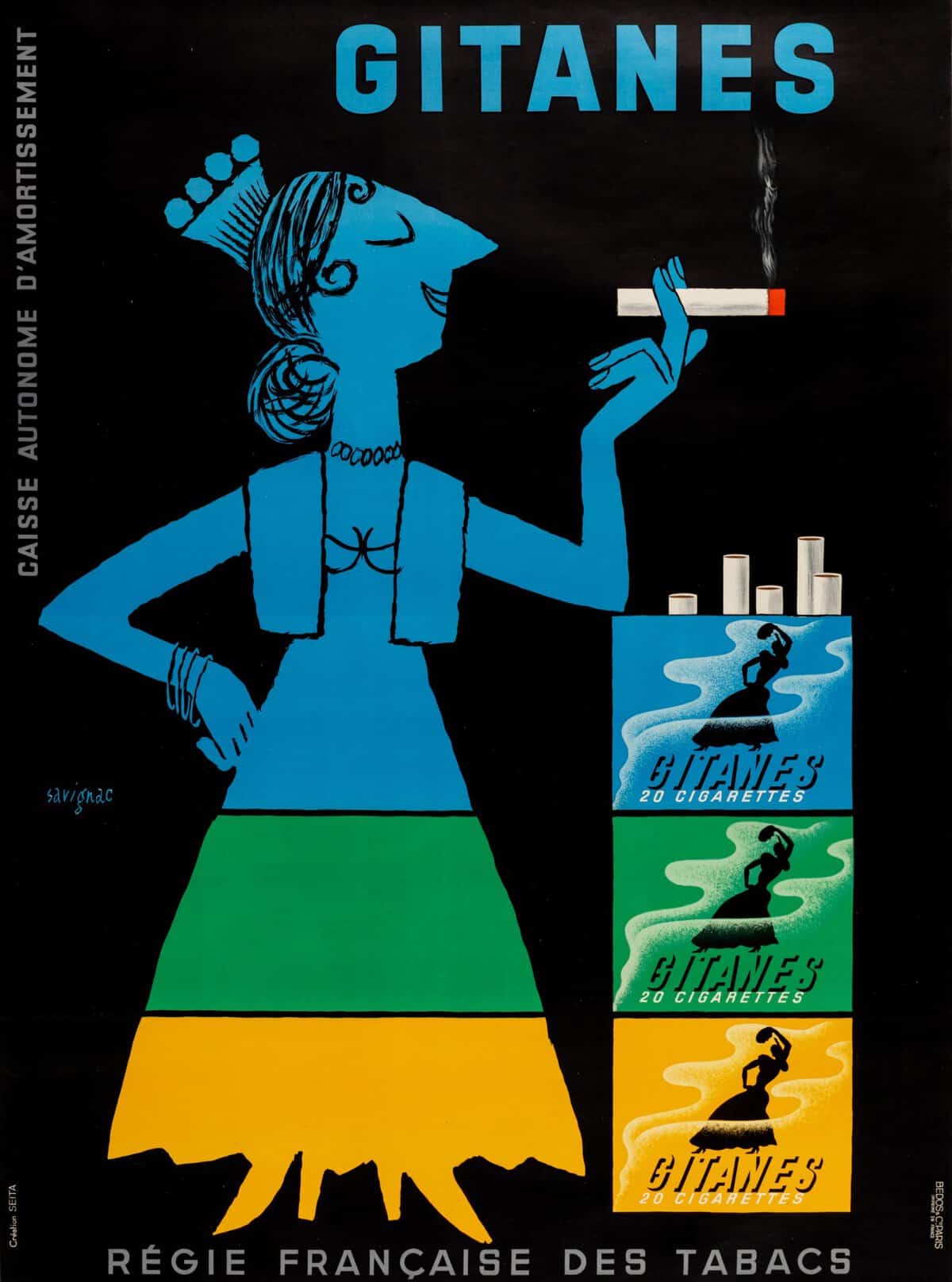 Affiche Originale, Raymond Savignac, Gitanes, Cigarettes, Tabac, Fumeur, Paquet, Cartouche, Filtre, Fumée, Cendre, Femme, 1953