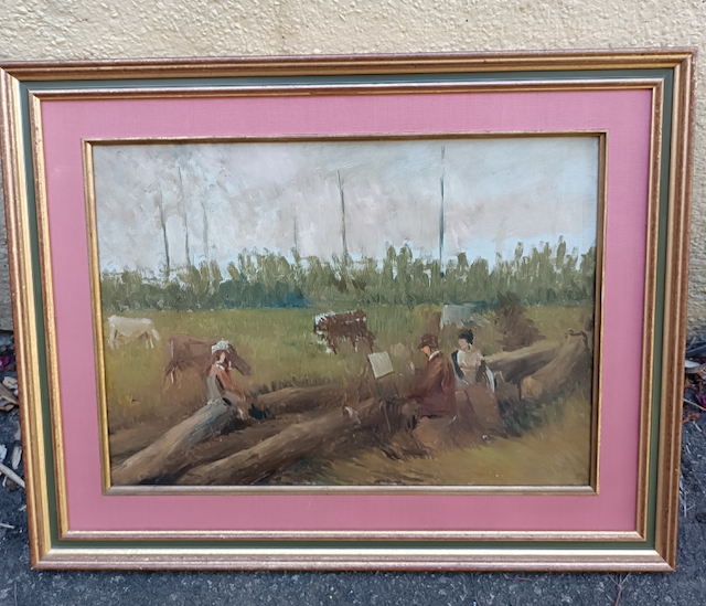 Tableau Impressionniste » peintre peignant des vaches au pâturage » Huile sur Panneau Fin XIXème