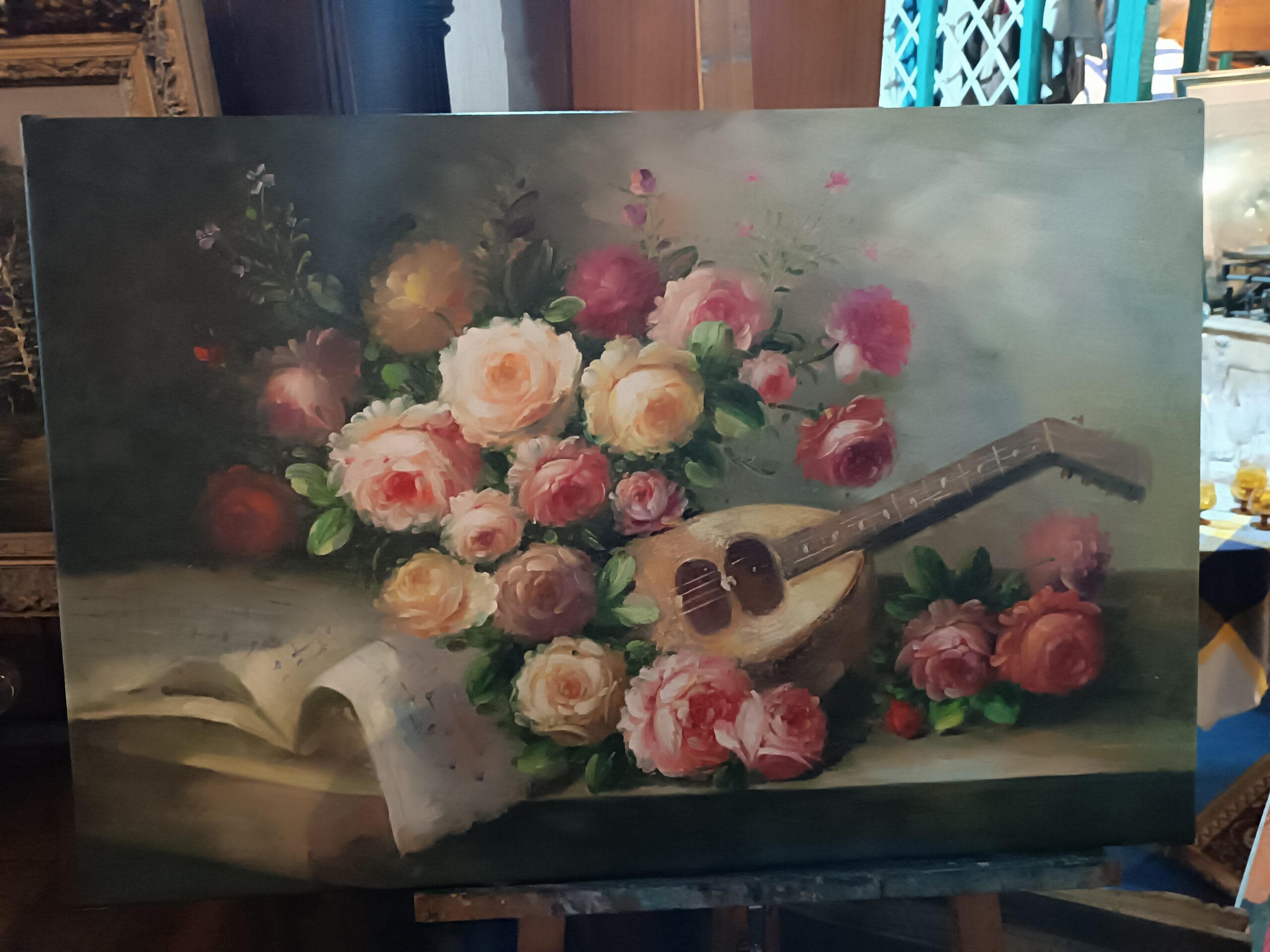 Tableau Bouquet de Roses Huile sur Toile Epoque XXème